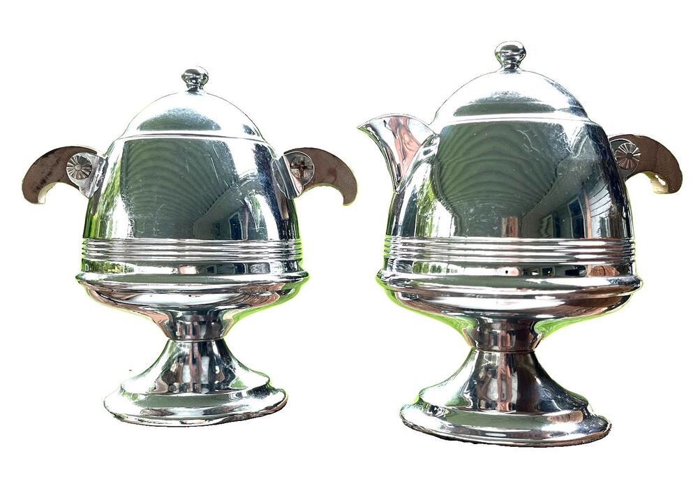 CHROME Cream Sugar BOWL set Nordic Wooden handles VTG